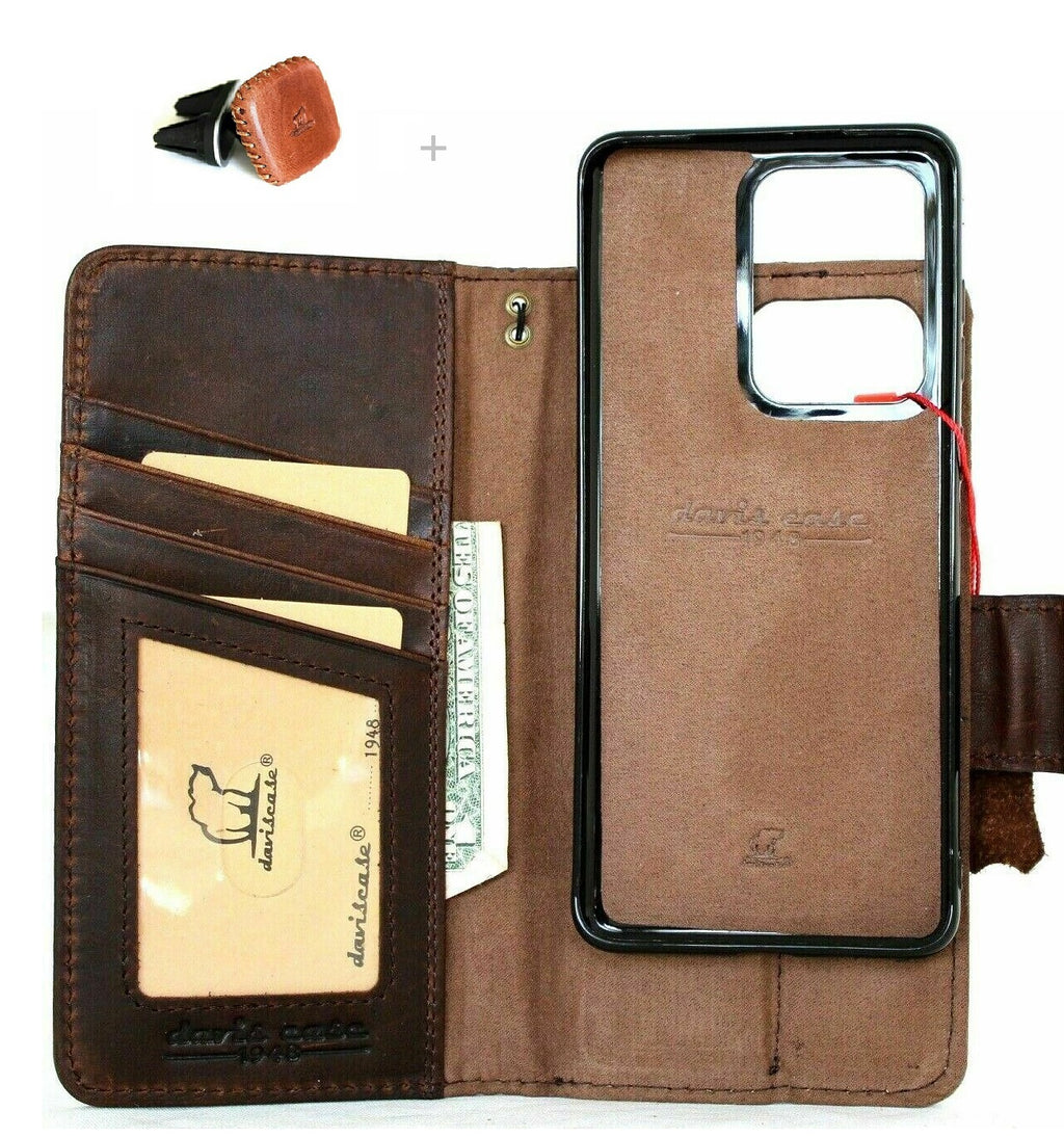 Genuine dark leather Samsung Galaxy Note 20 Ultra case with card slots, magnetic closure, wallet design, and detachable holder by Daviscase