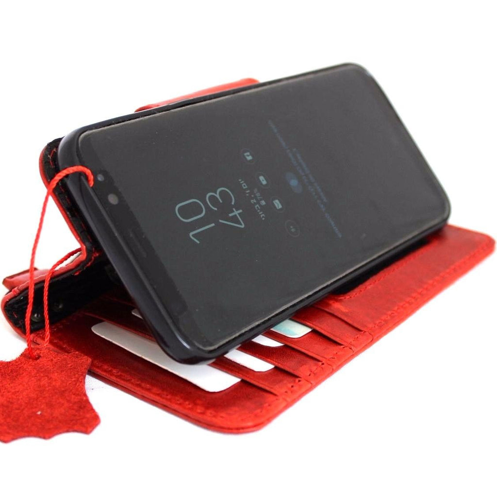 Vintage genuine oil leather Samsung Galaxy S8 Plus wallet case in red with magnetic closure and handmade design.