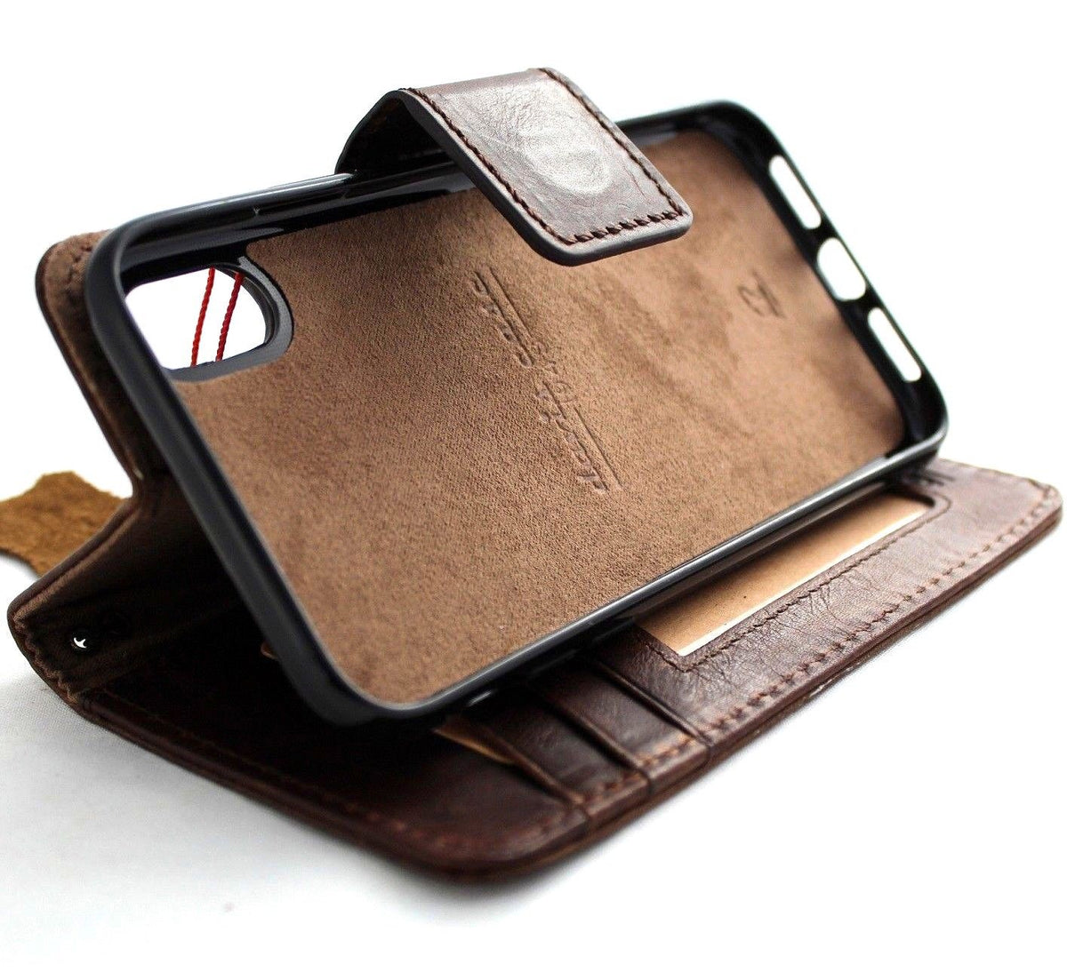 Tan genuine leather iPhone XR case with wallet, credit holder, magnetic closure, slim soft design by DAVISCASE