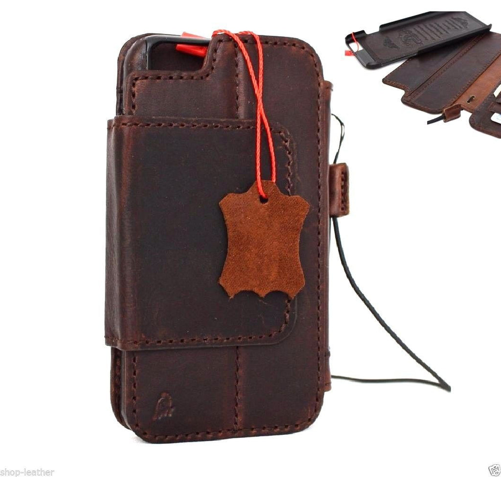 Handmade genuine leather iPhone 6s Plus case with wallet features, credit card slots, ID window, and magnetic closure.