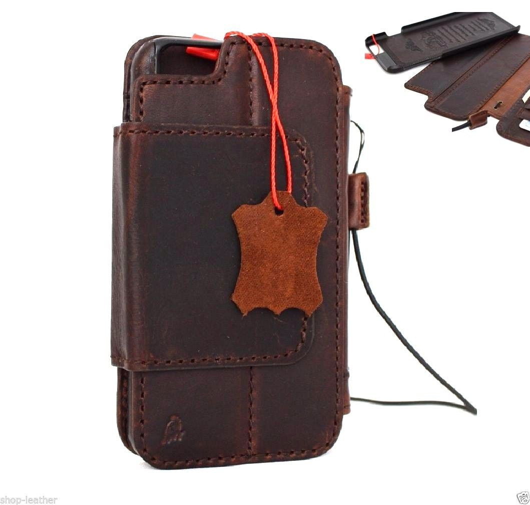 Handmade genuine leather iPhone 6s Plus case with wallet features, credit card slots, ID window, and magnetic closure.