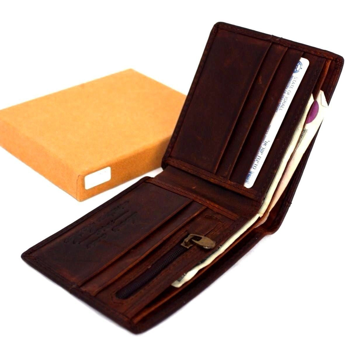 Men's DAVISCASE genuine leather bi-fold wallet with slim, retro design and multiple card slots, showcasing its sleek, classic style.