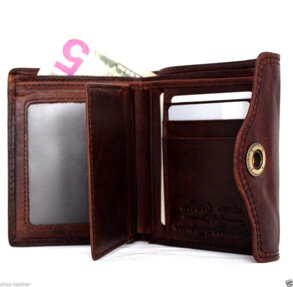 Men's full leather wallet with six credit card slots, two ID windows, and two bill compartments in brown leather.