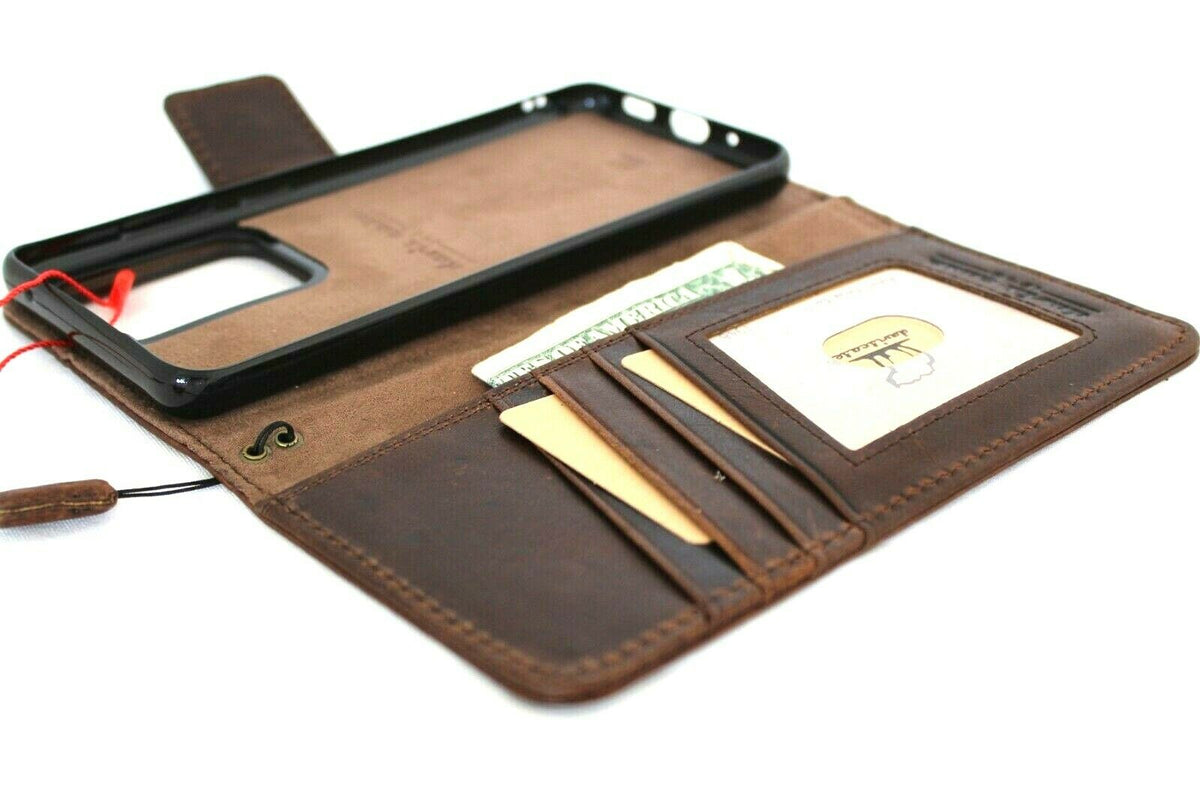 Genuine vintage leather Samsung Galaxy S20 Ultra case by DAVISCASE with removable wallet, magnetic closure, card slots, and slim design.