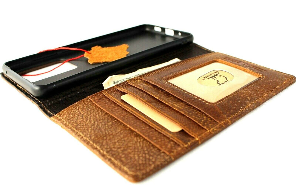 Genuine leather Samsung Galaxy S20 Ultra 5G wallet case by DAVISCASE with card slots, wireless charging window, tan color, book-style design