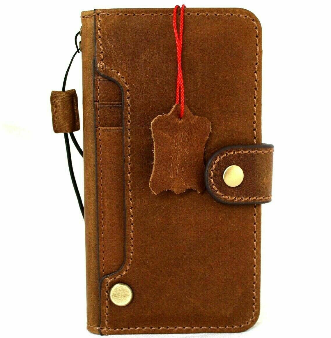 Genuine natural tan leather iPhone 12 Pro case by DAVISCASE with vintage book design, ID window, credit card slots, soft cover.