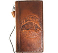 Handmade vintage tan leather phone case for iPhone 11-16 Pro Max, with credit card slots, embossed design, and full grain pig leather.