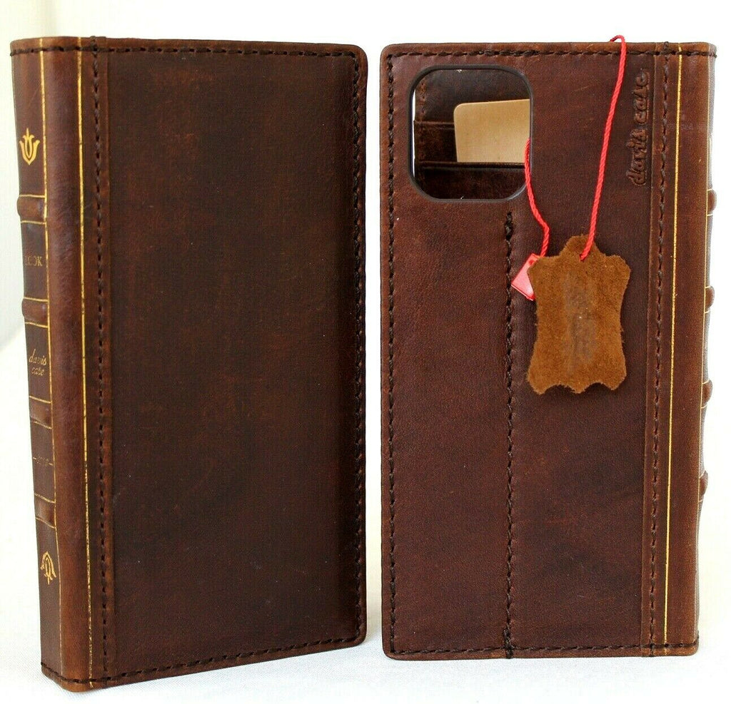 Vintage brown leather phone case for iPhone 12 Pro Max by DAVISCASE, featuring wallet design with ID window and credit card slots.