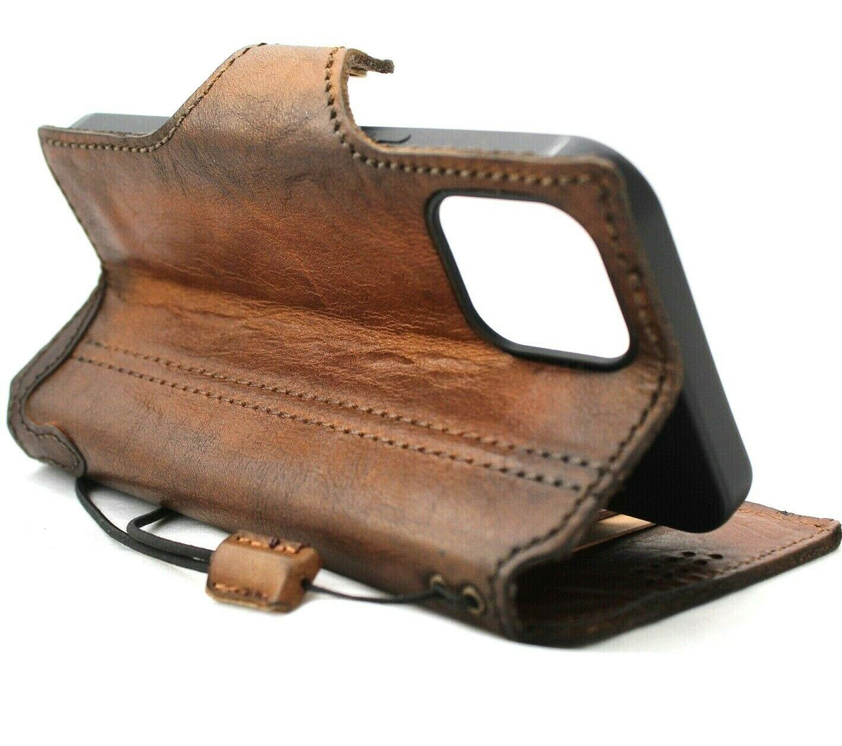 Genuine leather wallet phone case for Apple iPhone models, vintage soft cover with credit card slots, handmade by DAVISCASE.