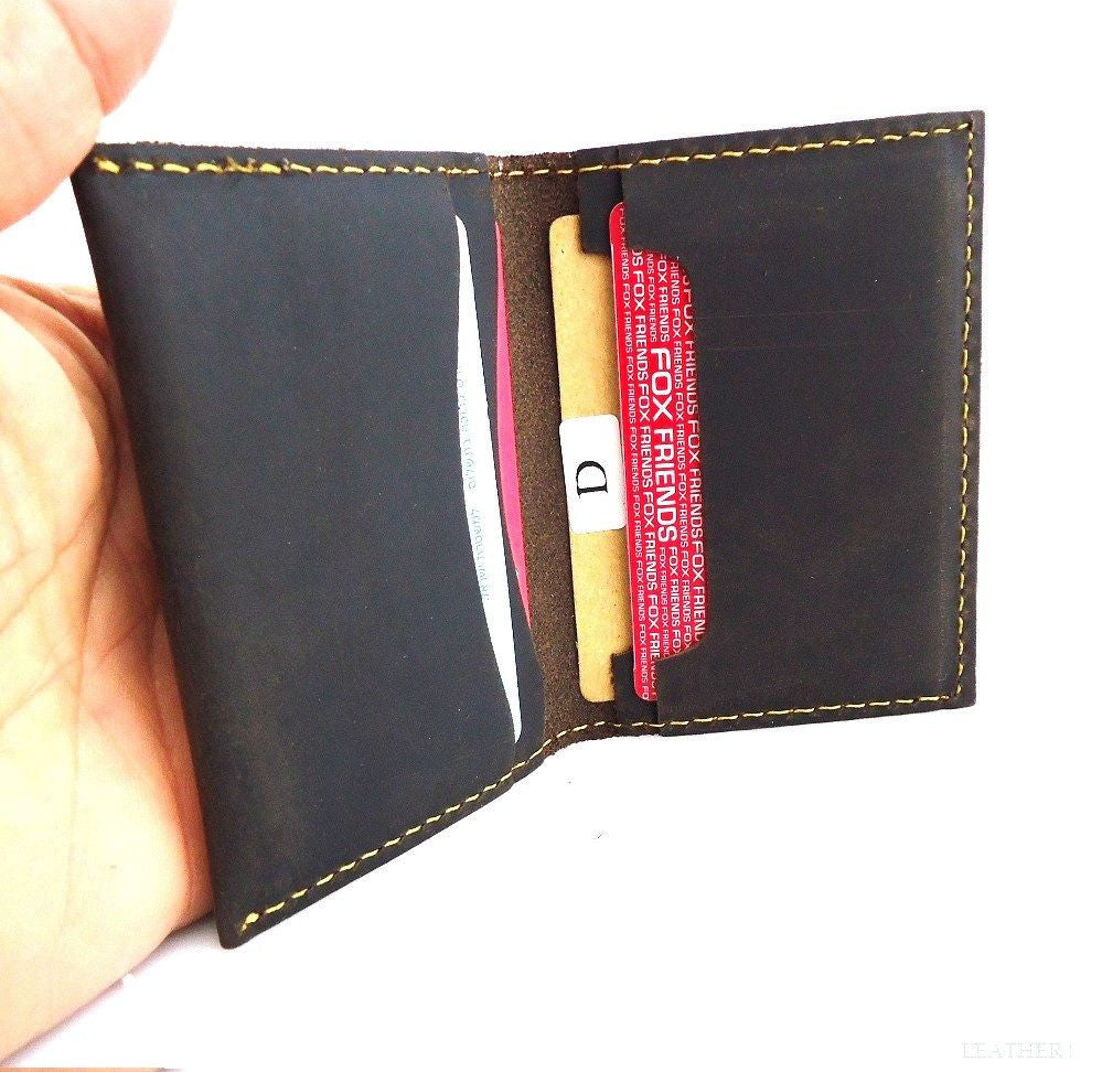Men's brown full leather bifold card case with 4 card slots, 2 slip pockets, designed as a slim mini wallet for back pocket use.