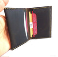 Men's brown full leather bifold card case with 4 card slots, 2 slip pockets, designed as a slim mini wallet for back pocket use.