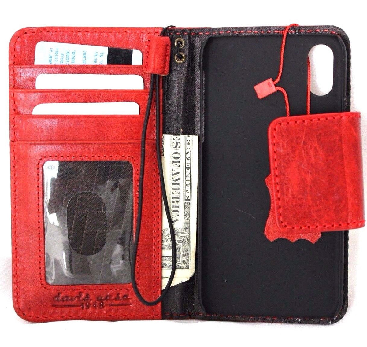 Red genuine leather iPhone X book wallet case with magnet closure, card slots, slim vintage design, handcrafted by vendor-unknown.
