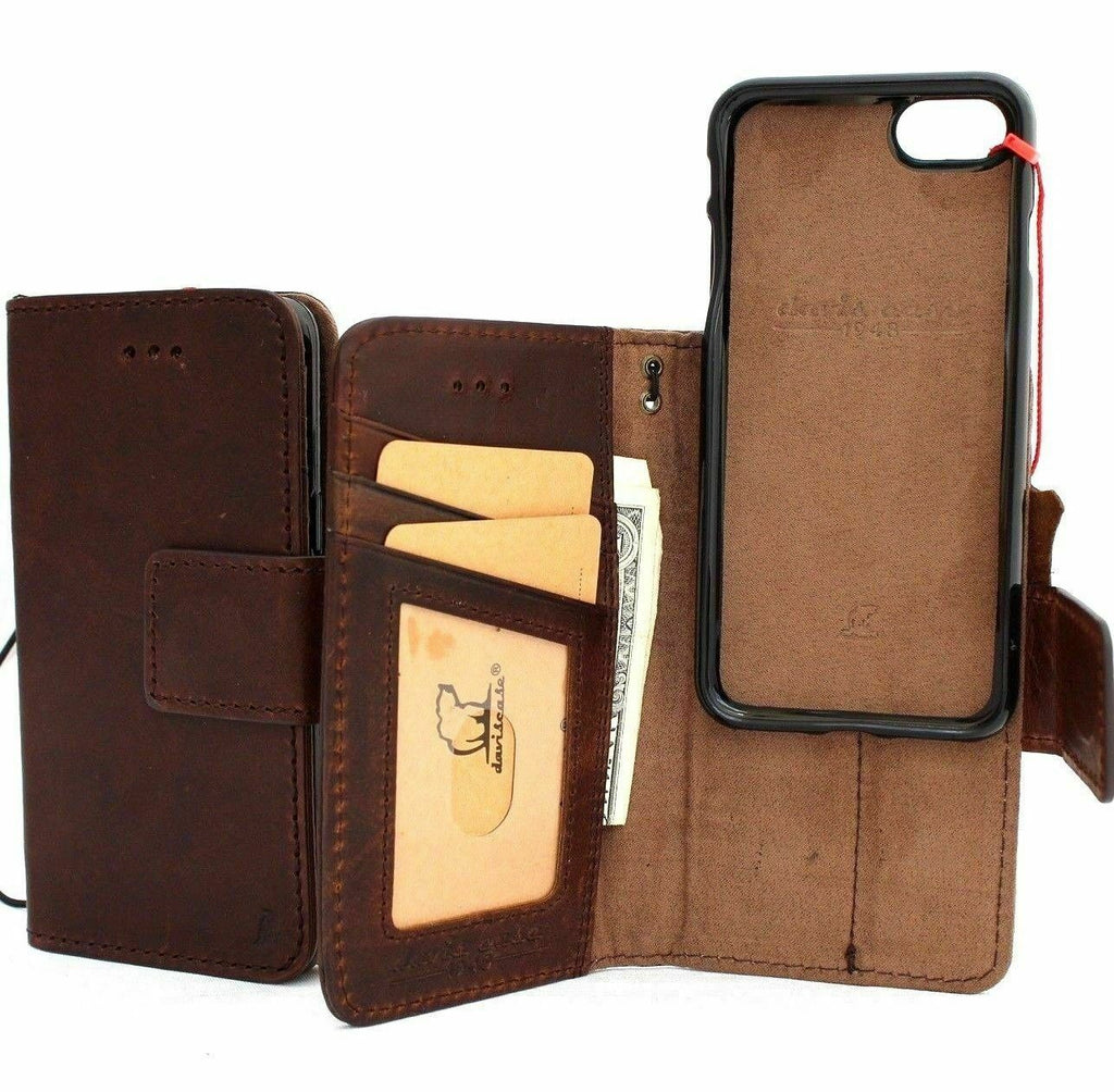 Genuine dark leather iPhone 8 book wallet case by DAVISCASE with card slots, magnetic cover, and removable AirPods 2 case.