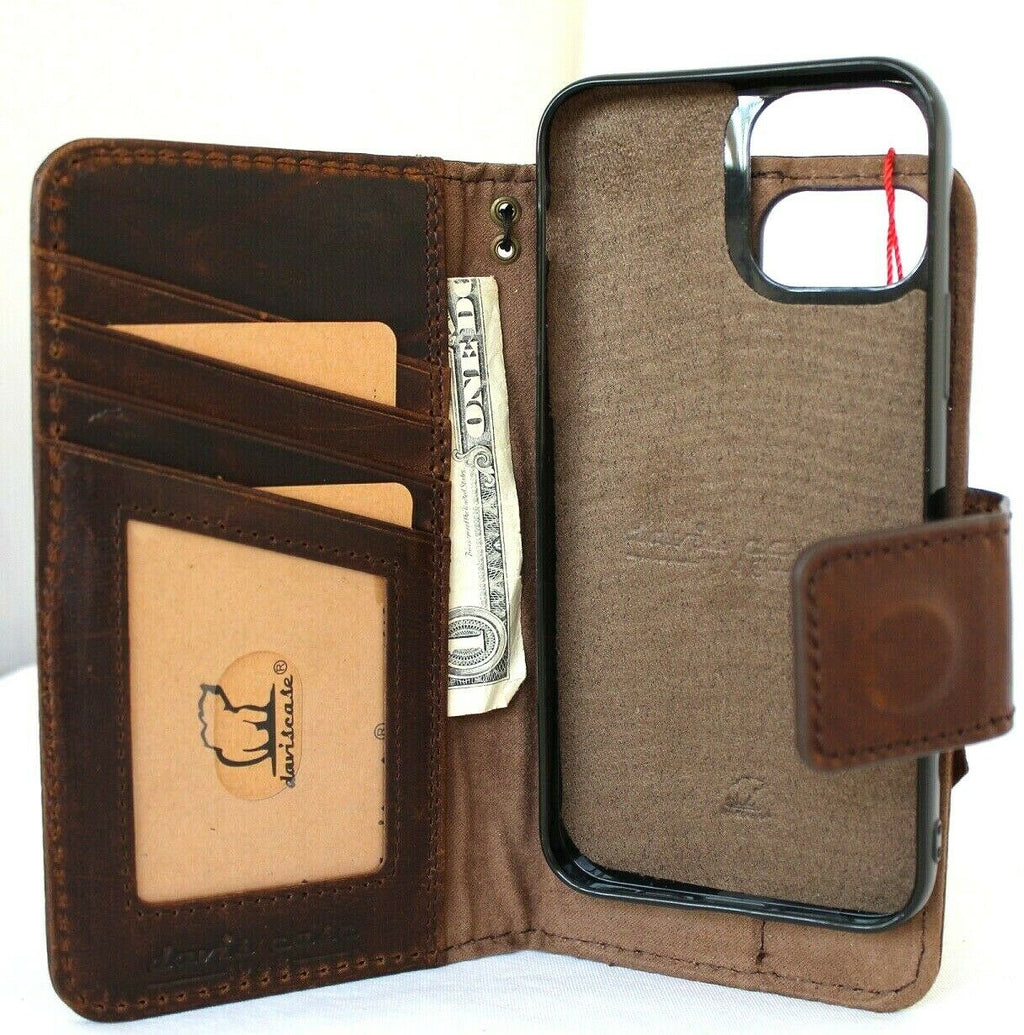 Genuine dark natural leather Apple iPhone 12 Pro case by DAVISCASE with ID window, card slots, magnetic cover, and detachable car holder.
