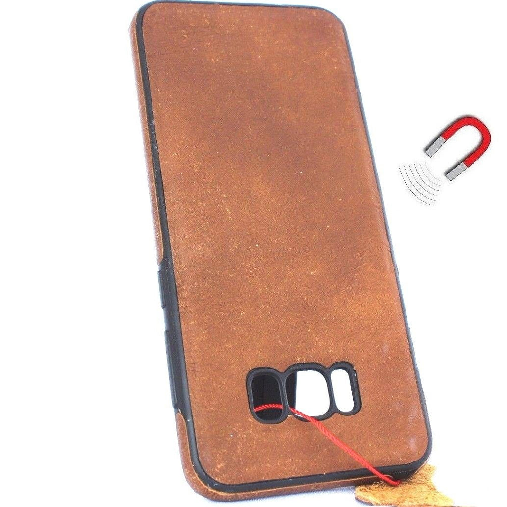 Handmade genuine leather wallet case for Samsung Galaxy S8 Plus with magnetic closure, slim design, and business-style craftsmanship.