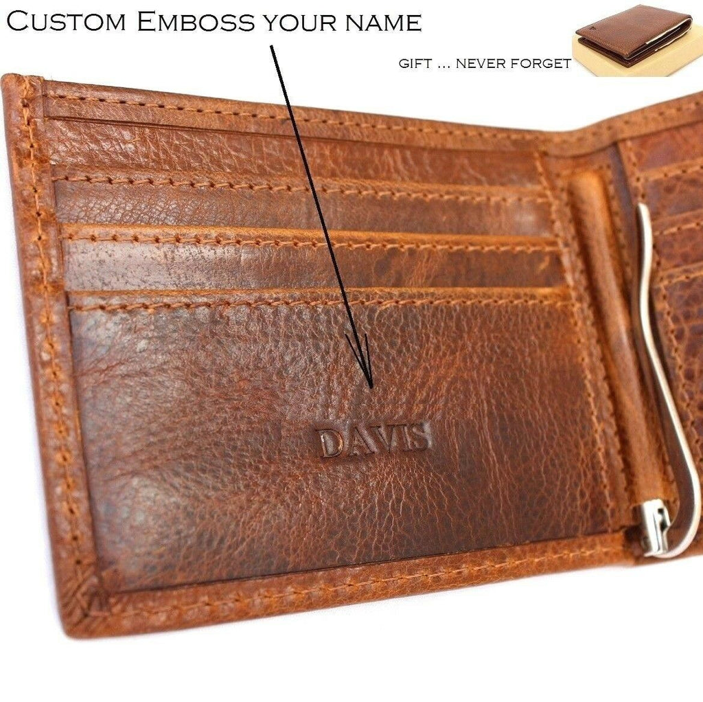 Handmade genuine leather men's wallet with personalized initials, slim design, and credit card slots by DAVISCASE.
