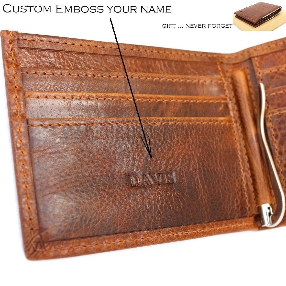Handmade genuine leather men's wallet with personalized initials, slim design, and credit card slots by DAVISCASE.
