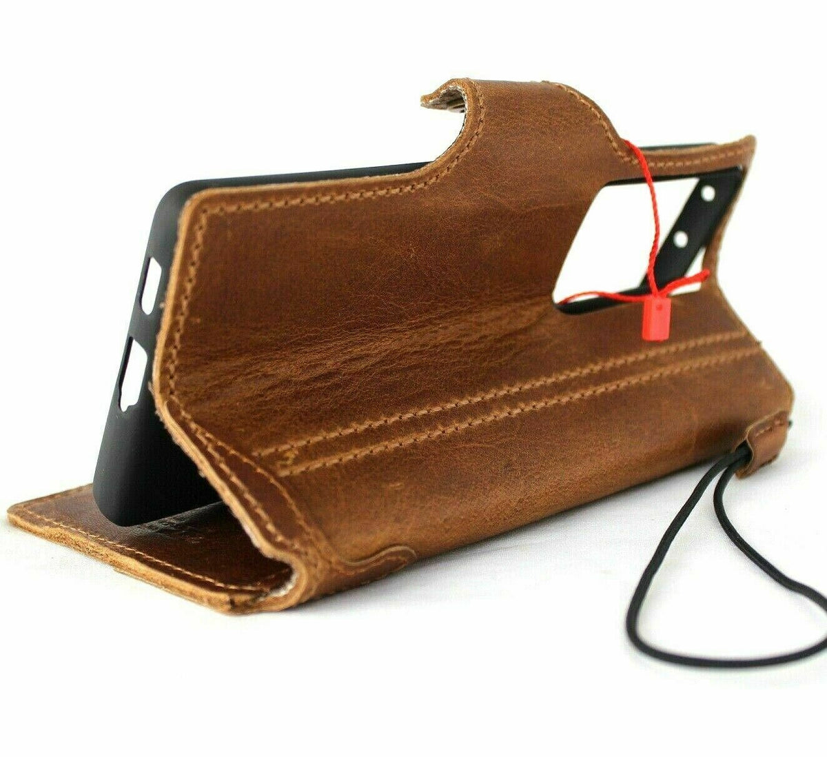 Handmade tan leather wallet case for Samsung Galaxy S20 Ultra, includes card slots and wireless charging compatibility.