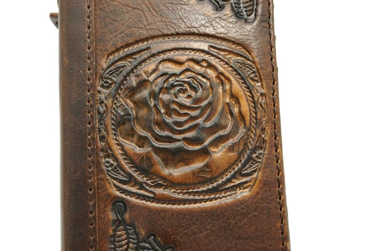 Handmade genuine leather phone case for iPhone 12 to 17 Pro Max by DAVISCASE with embossed rose flower, credit card slots, vintage style.