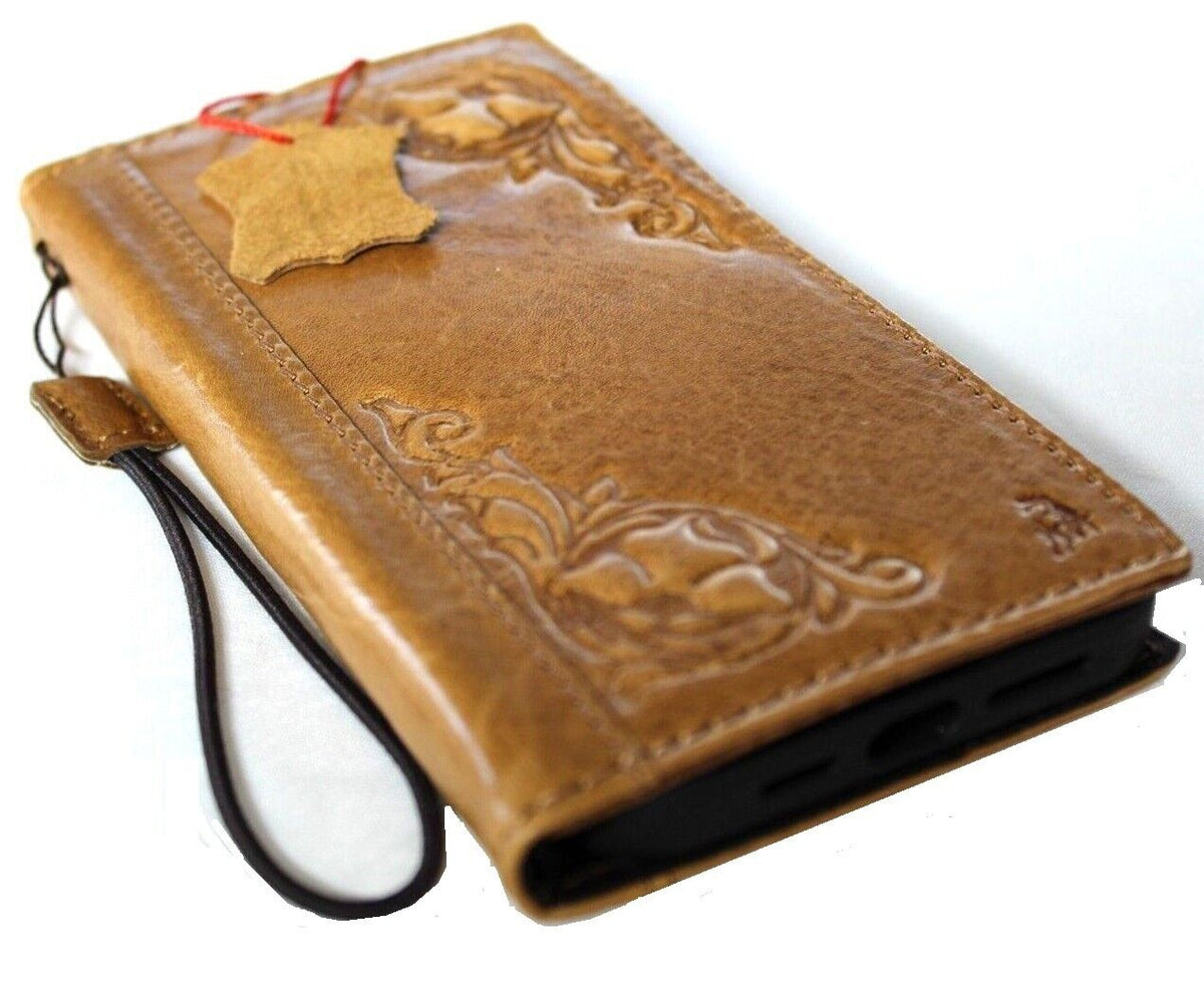 Leather phone case for iPhone 11-15 Pro Max by DAVISCASE, vintage handcrafted full grain leather with card slots and stamping detail.