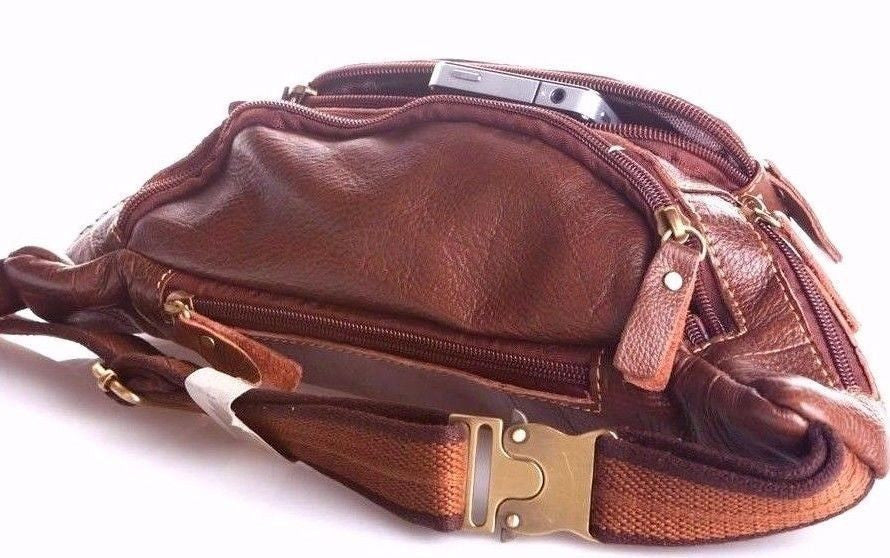 Genuine brown soft leather men's waist pouch bag with retro design and zipper closure by DAVISCASE.
