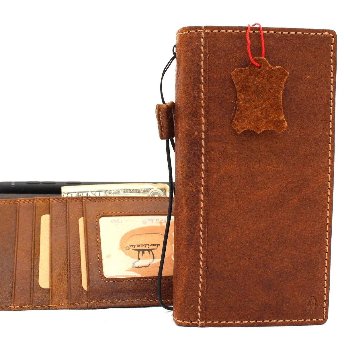 Vintage leather phone case for Samsung Galaxy Note 9 with card slots, ID window, and stand feature, handmade wallet style by Jafo Daviscase.