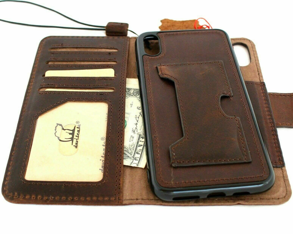 Genuine dark leather iPhone XS case by DAVISCASE with vintage wallet design, magnetic closure, removable cover, and wireless charging support.