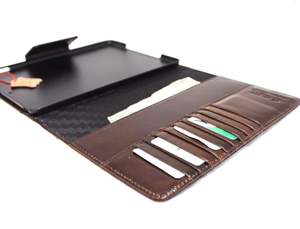 Brown genuine leather iPad 9.7 case by DAVISCASE with card slots, magnetic closure, slim design, compatible with 2017 and 2018 models