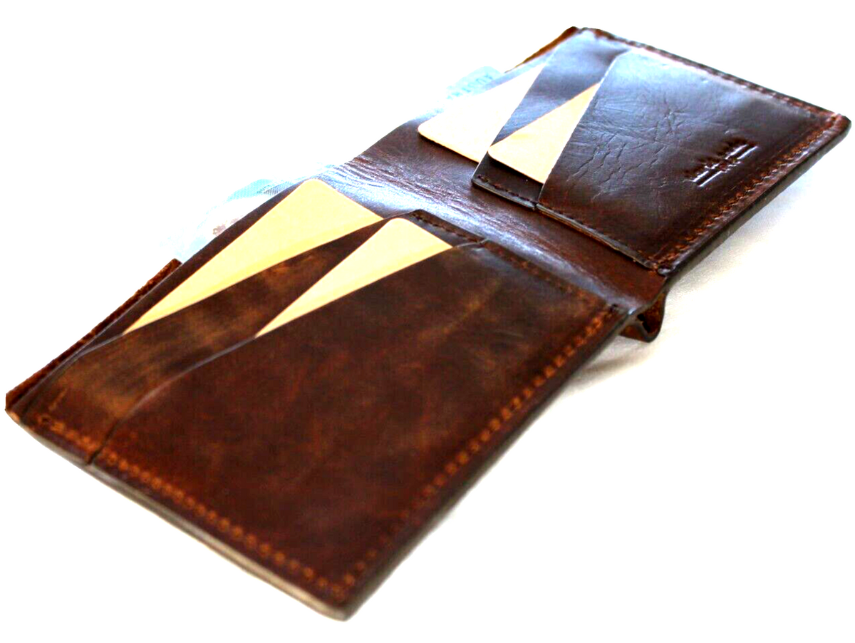 Men's genuine leather wallet by DAVISCASE with carved brown finish, credit card slots, bill compartment, handcrafted with a cracked cobweb design.