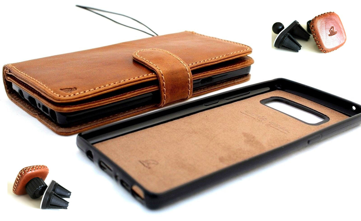 Genuine full tanned leather Galaxy Note 8 book wallet case with card slots, ID window, magnetic closure, and magnetic car holder by DavisCase.