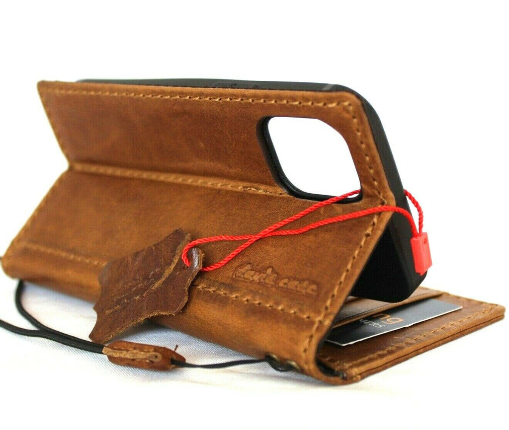 Genuine tan leather iPhone 12 Mini case by DAVISCASE, vintage-style soft leather wallet with ID window and credit card slots.