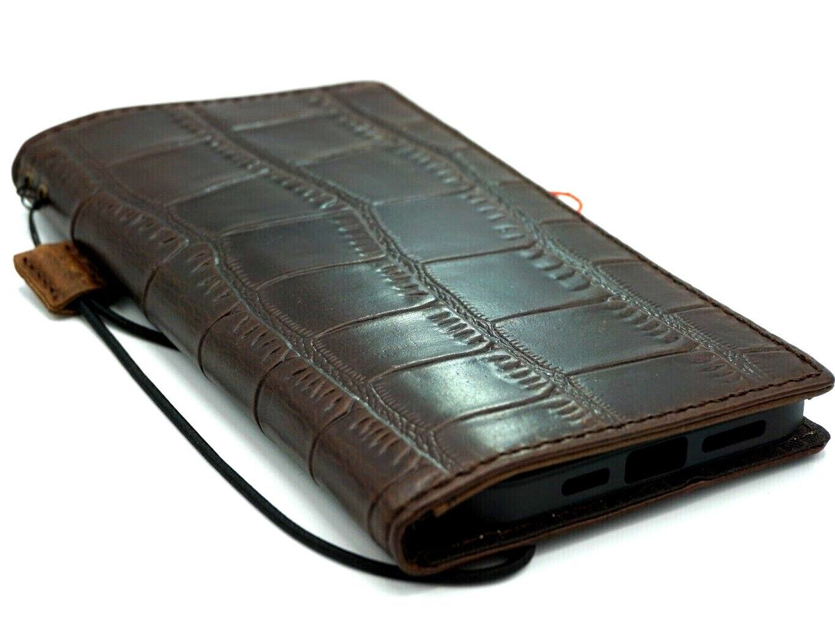 Handmade crocodile-style leather phone case for iPhone models 12 to 17 Pro Max, with wallet and book-style design by DAVISCASE.