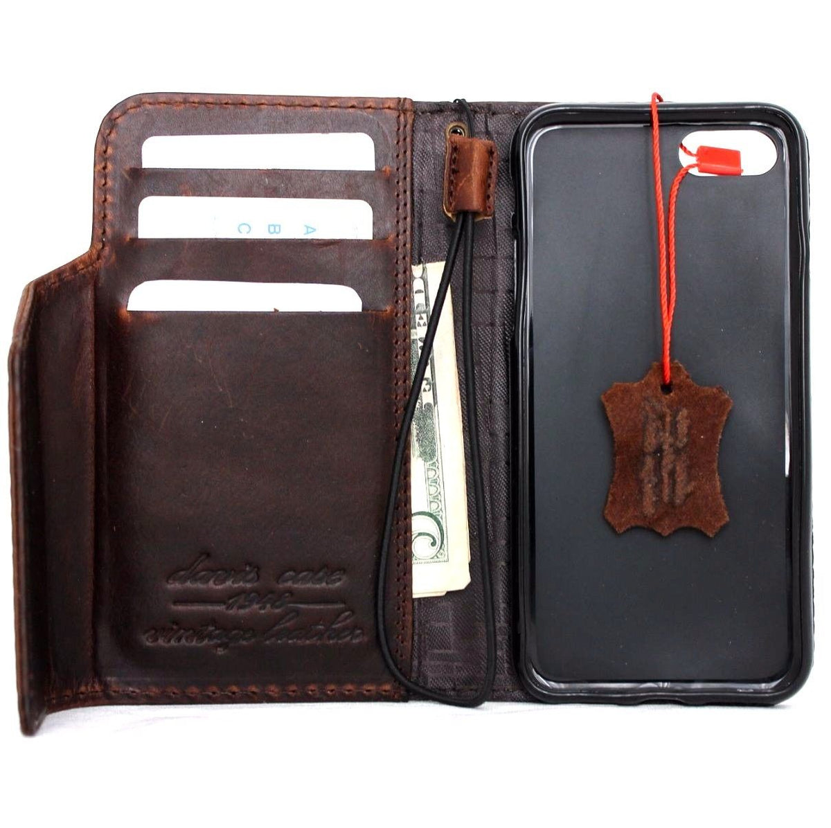 DavisCase genuine leather wallet case for iPhone SE 2 2020, slim design with card slots, magnetic closure, and 3D pattern.