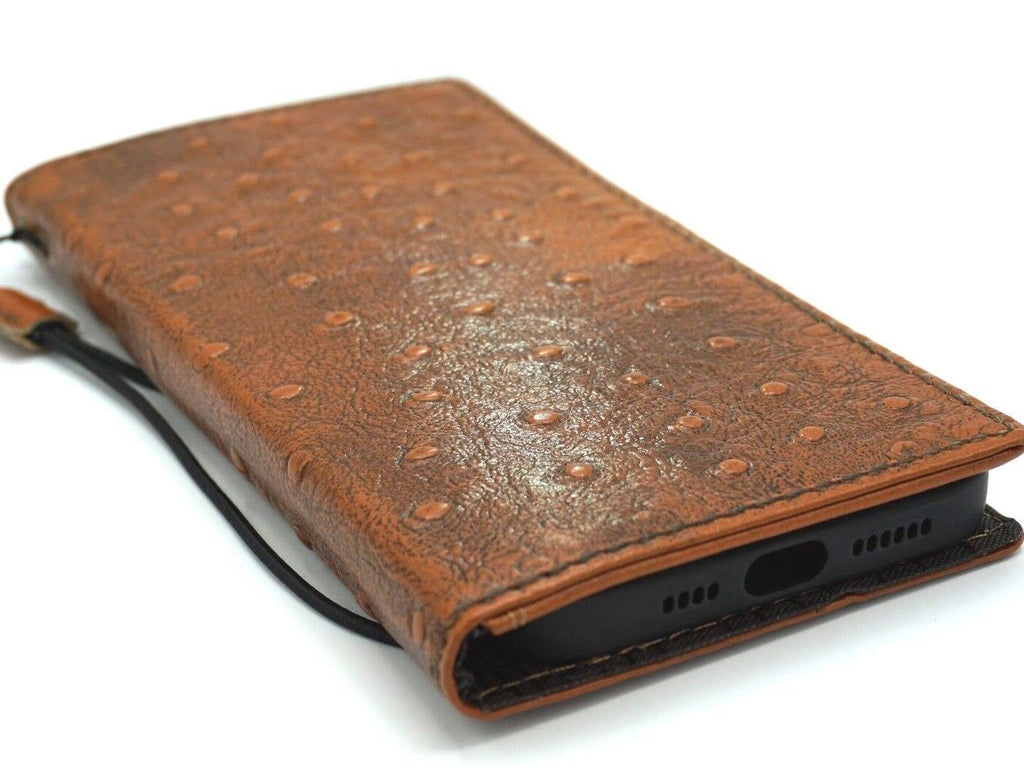 DavisCase genuine leather phone case with wallet, full grain ostrich leather in tan for Samsung Galaxy S and Note series, handmade.