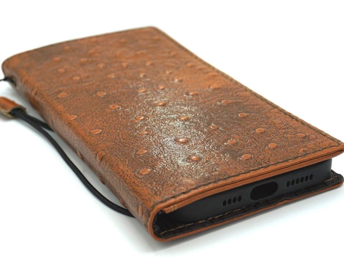 DavisCase genuine leather phone case with wallet, full grain ostrich leather in tan for Samsung Galaxy S and Note series, handmade.