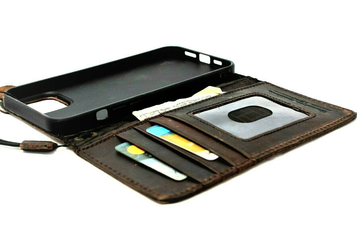 Handmade genuine dark leather iPhone 12 Pro Max case by DAVISCASE, vintage look with ID window and credit card slots.