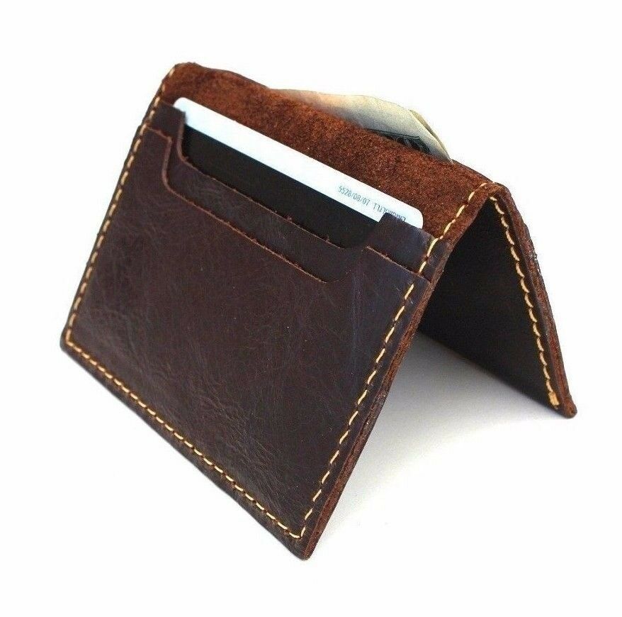 Men's DAVISCASE dark leather mini wallet with two card slots and slip pockets, showcasing a slim, soft leather credit card case.