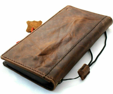 Genuine Dark Vintage Leather Wallet Case For Apple iPhone 12 Book Credit Cards Slots Soft Cover ID Window Full Grain DavisCase