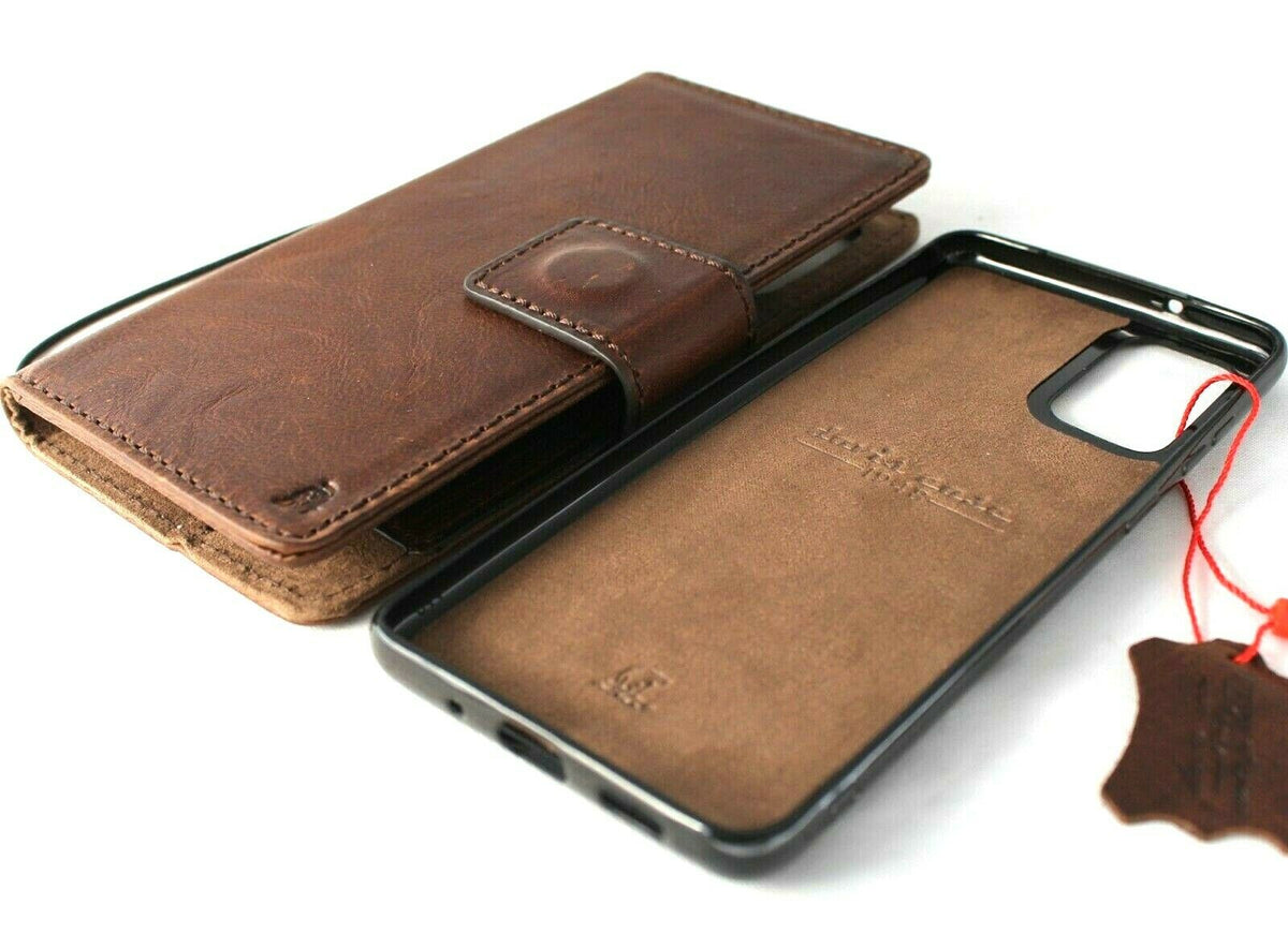 DavisCase genuine full leather book wallet case for Samsung Galaxy S20 Plus with card slots, detachable holder, and rubber window.