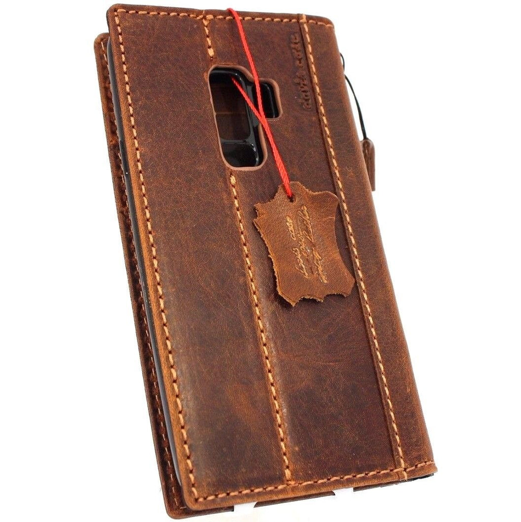 Genuine vintage leather Samsung Galaxy S9 Plus book wallet case with elastic strap, card slots, in tan leather by DAVISCASE.