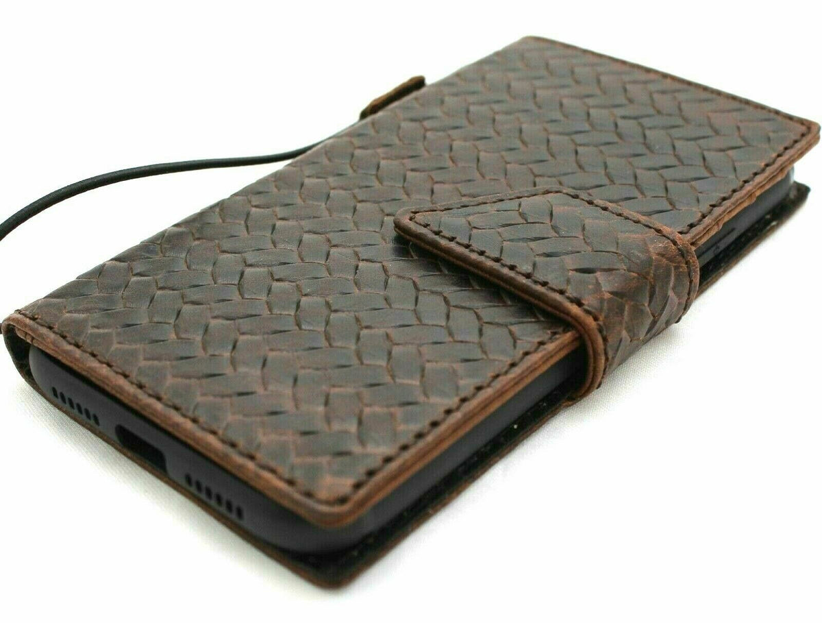 Handmade dark leather phone case for iPhone 12 Pro, vintage braid design, ID window, credit card slots, magnetic closure by DAVISCASE