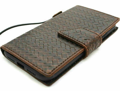 Handmade dark leather phone case for iPhone 12 Pro, vintage braid design, ID window, credit card slots, magnetic closure by DAVISCASE