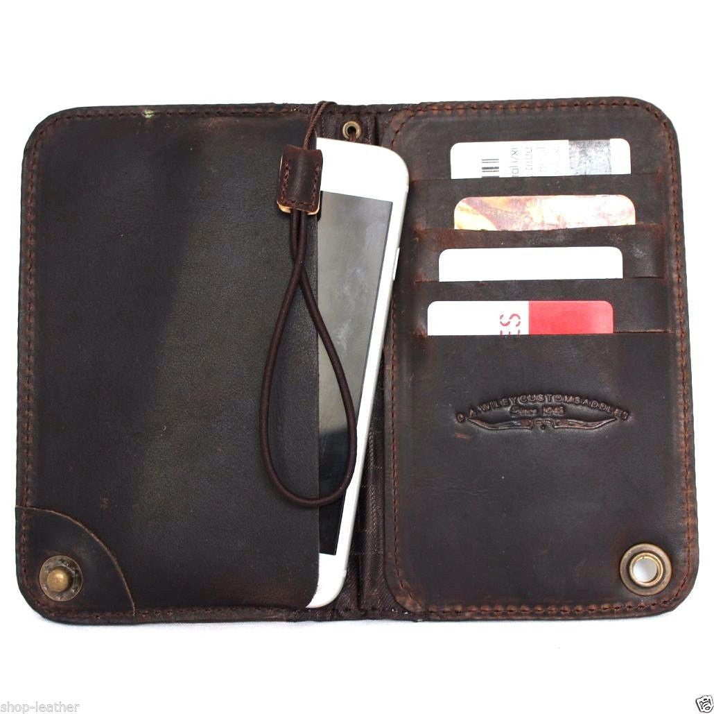 Handcrafted genuine Italian leather wallet case for iPhone 8, dark brown, slim, book-style cover with handcrafted details.