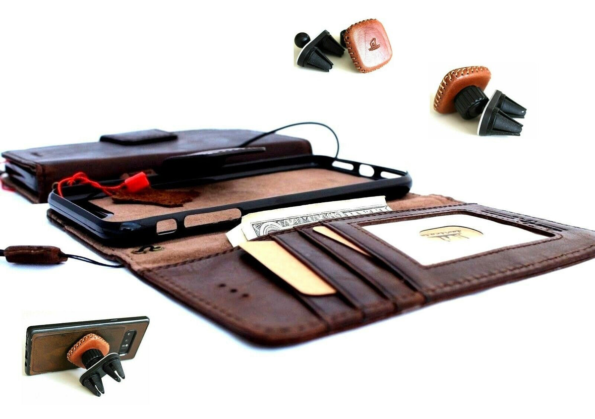 Genuine dark soft leather iPhone SE 2 case with wallet card slots, magnetic closure, slim design, and magnetic car holder.