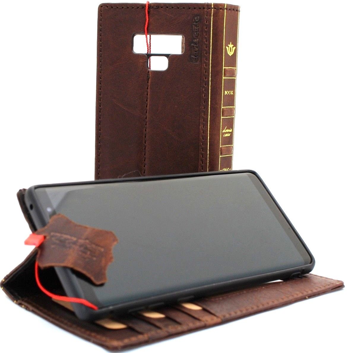 Vintage brown leather wallet case for Samsung Galaxy Note 9, with card slots, soft texture, and compatibility with wireless charging.