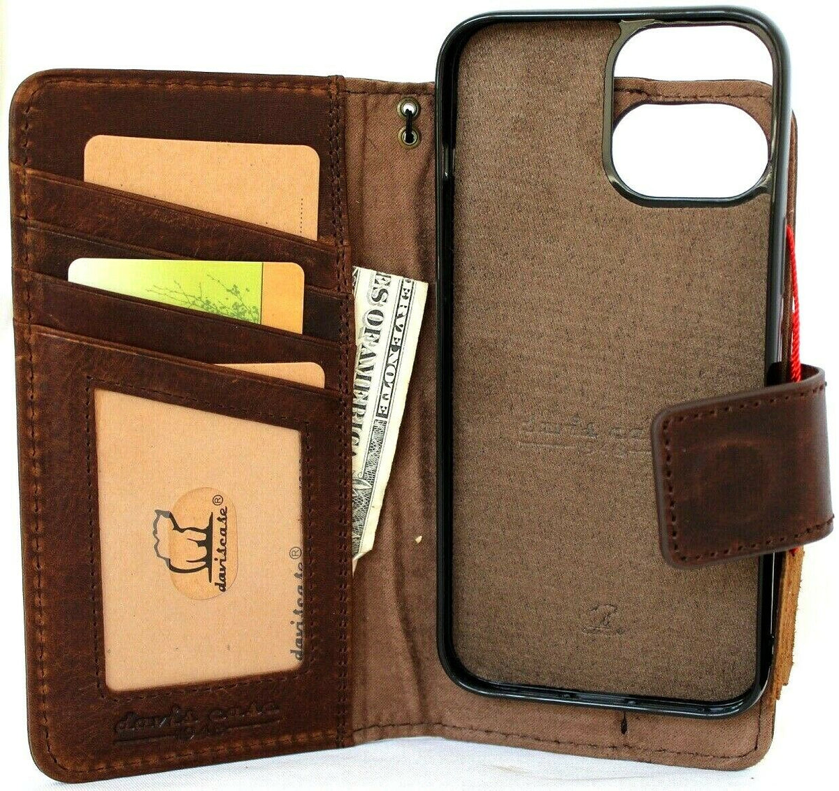 Genuine soft leather iPhone 12 Pro Max case by DAVISCASE with vintage book wallet design, ID window, credit card slots, removable magnetic cover