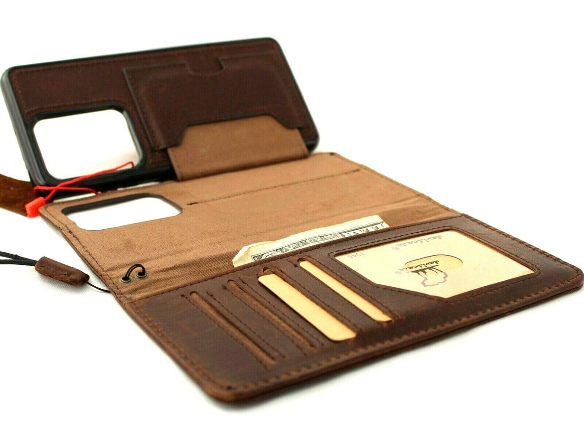Genuine leather Samsung Galaxy S20 Ultra case with wallet slots, removable holder, soft interior, and rubber window for wireless charging.
