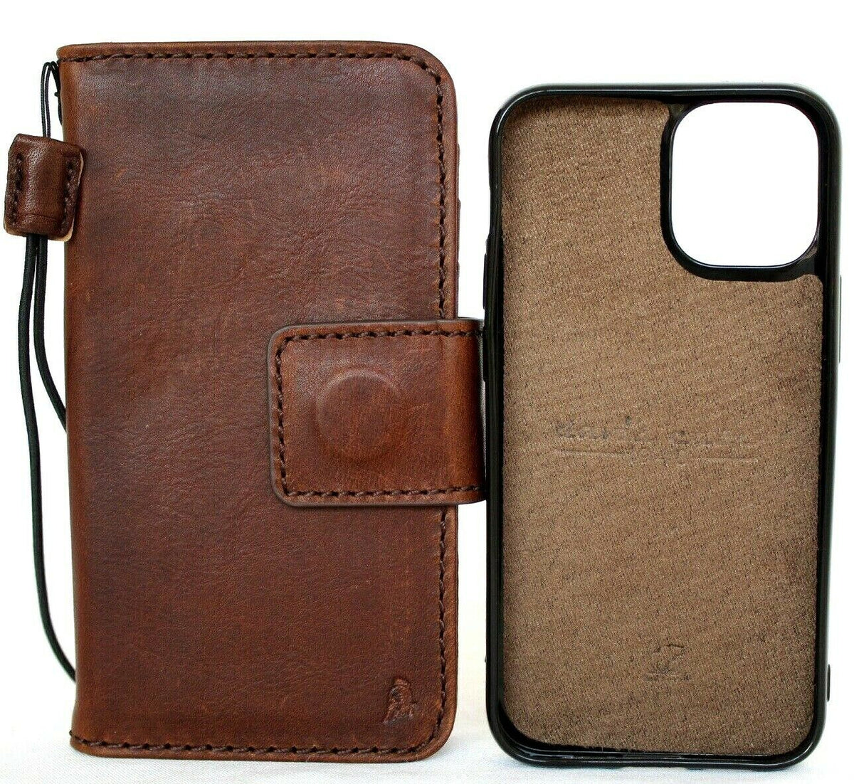 Genuine dark leather iPhone 12 Mini book wallet case by DAVISCASE with credit card slots, soft closure, vintage design, and magnetic removable cover