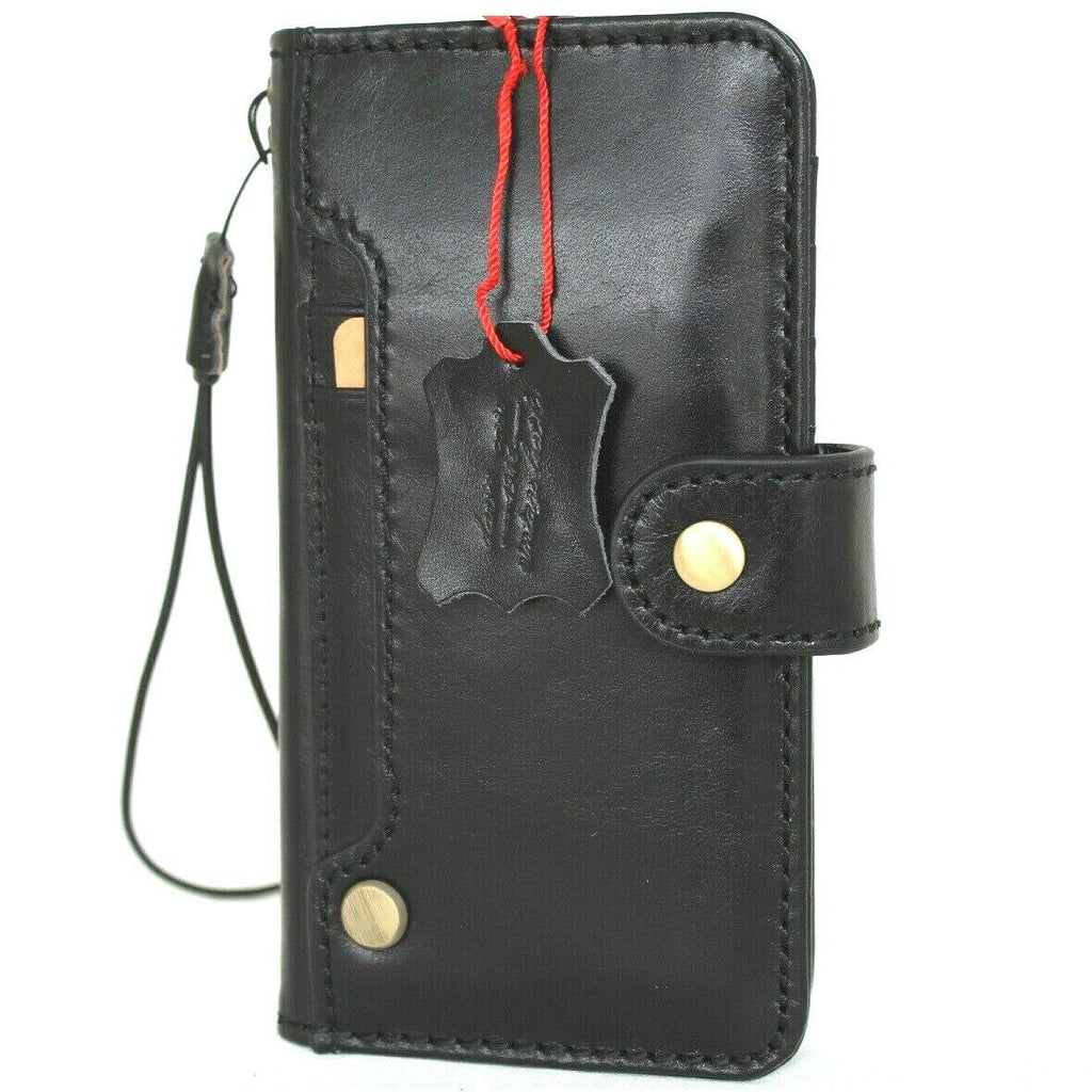 Black genuine full leather iPhone 12 Mini case with vintage book wallet design, credit card slots, soft closure, by DAVISCASE.