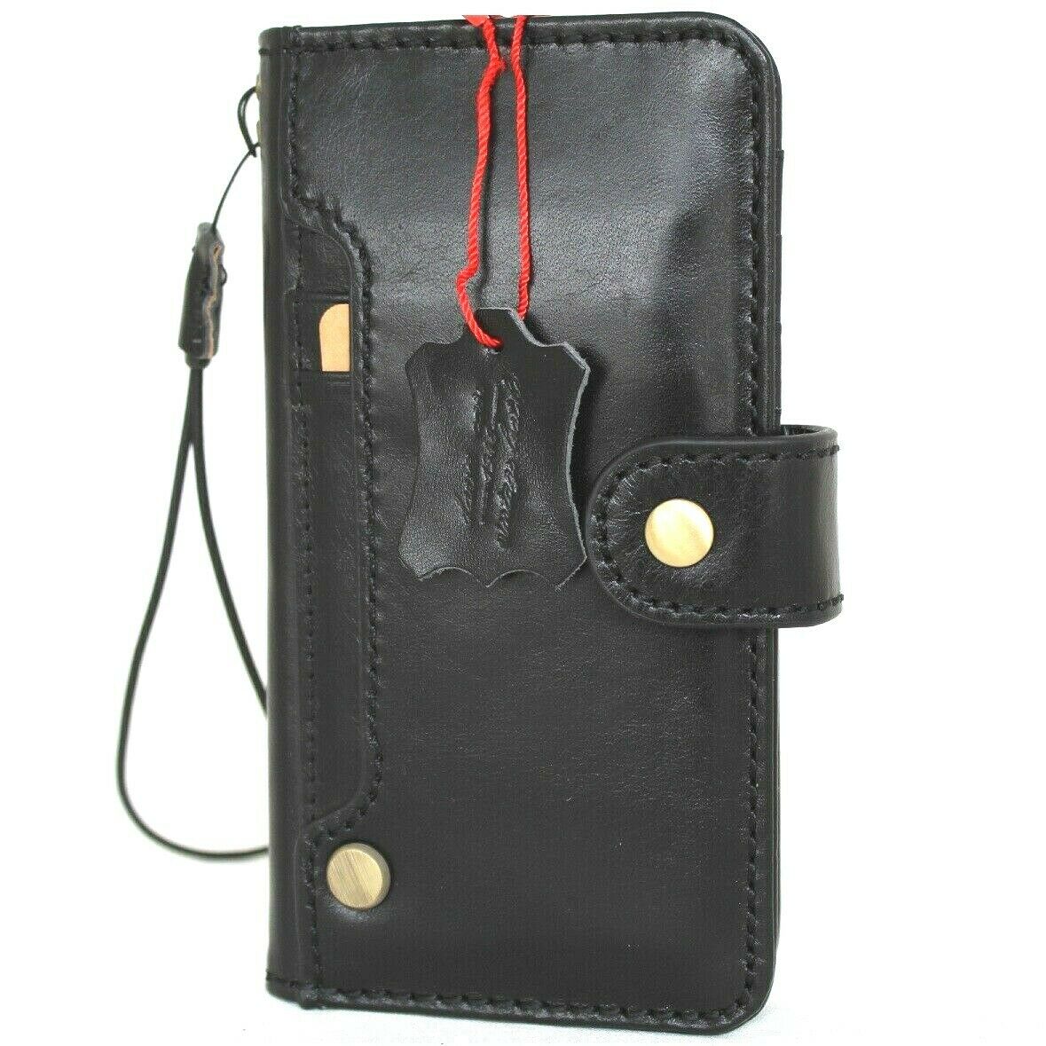 Black genuine full leather iPhone 12 Mini case with vintage book wallet design, credit card slots, soft closure, by DAVISCASE.